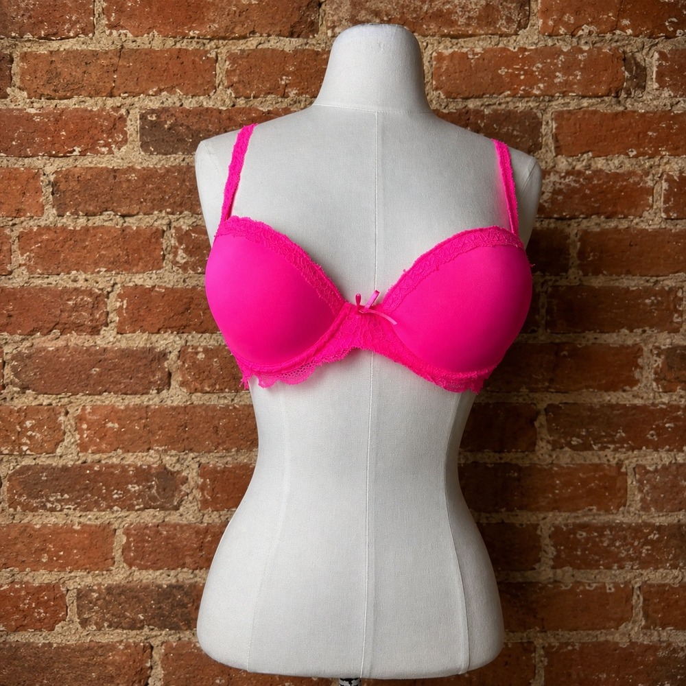Neon Pink Lace Trim Push Up Underwire Bra 34B Y2K 2000s McBling Glam